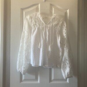 Ultra Pink White Lace Blouse Size L Tassel Ties Romantic Boho